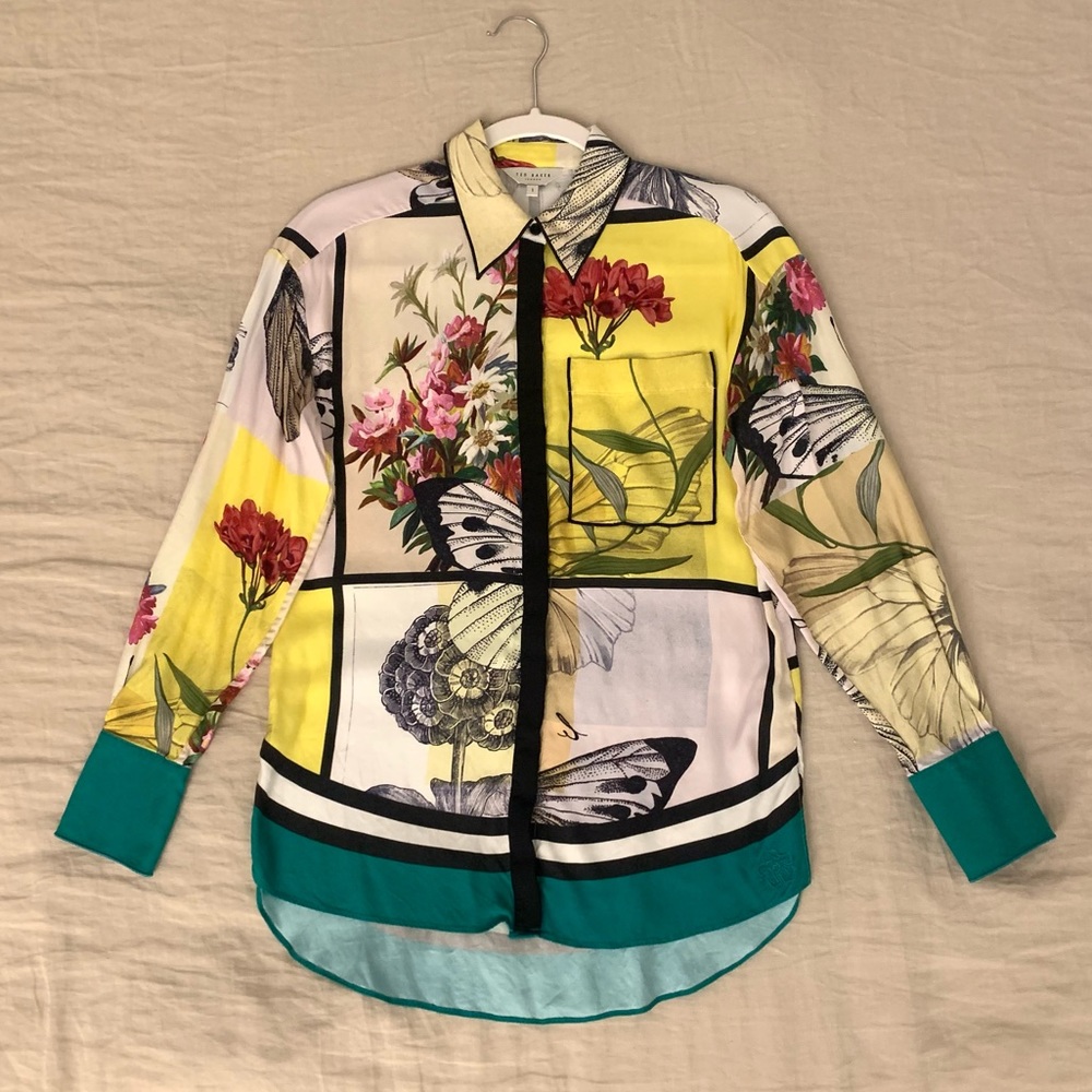 Ted Baker Yellow Floral Button-Down Shirt with Teal Accents